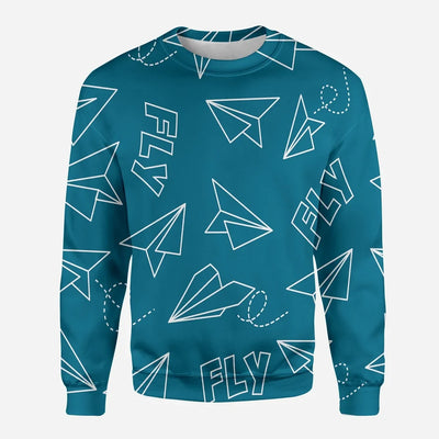 Paper Airplane & Fly Green aviation design printed on soft cotton blend 3D sweatshirt.