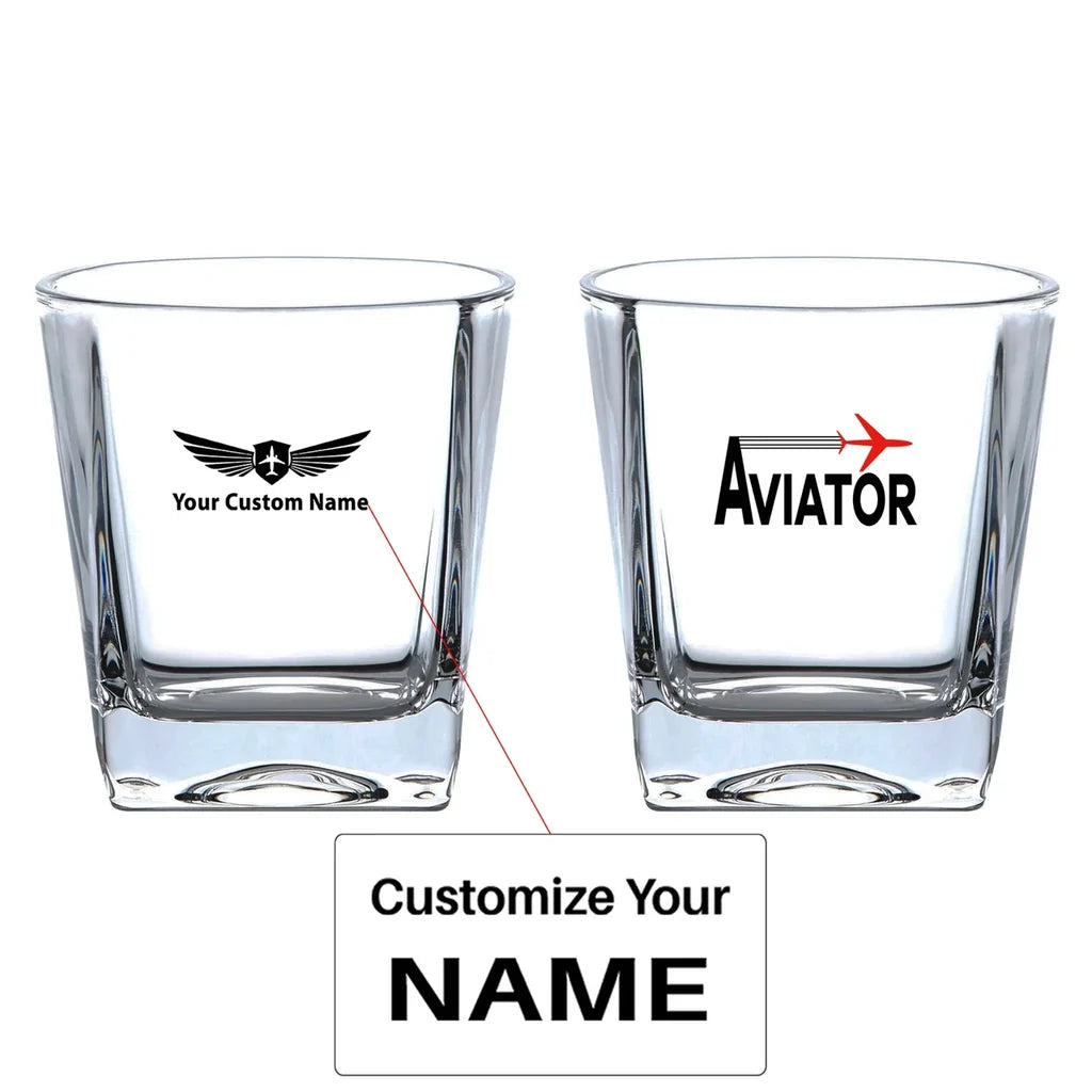 Aviator aviation design on whiskey glass, crystal-clear premium glassware.