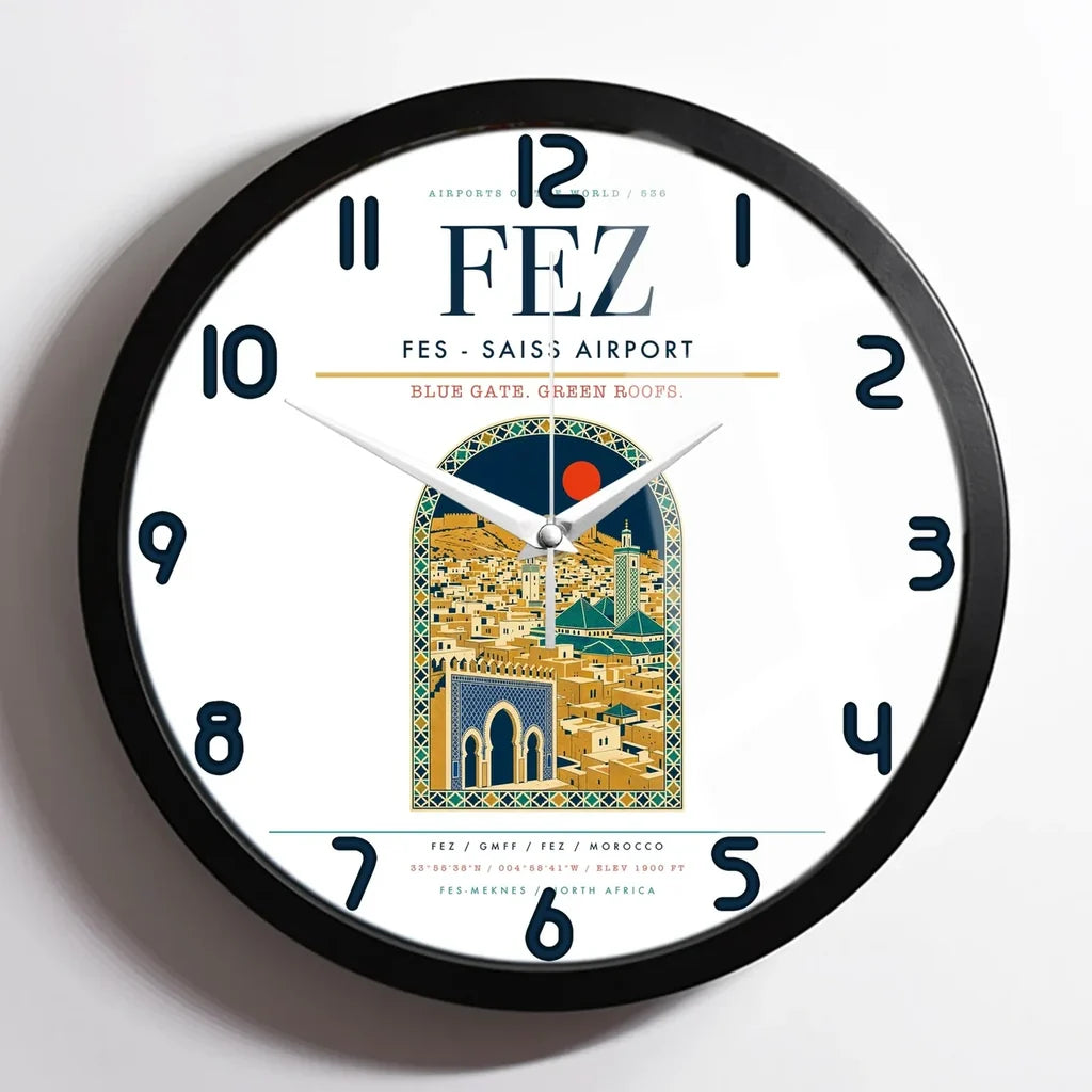 Fes (FEZ) design on white framed wall clock