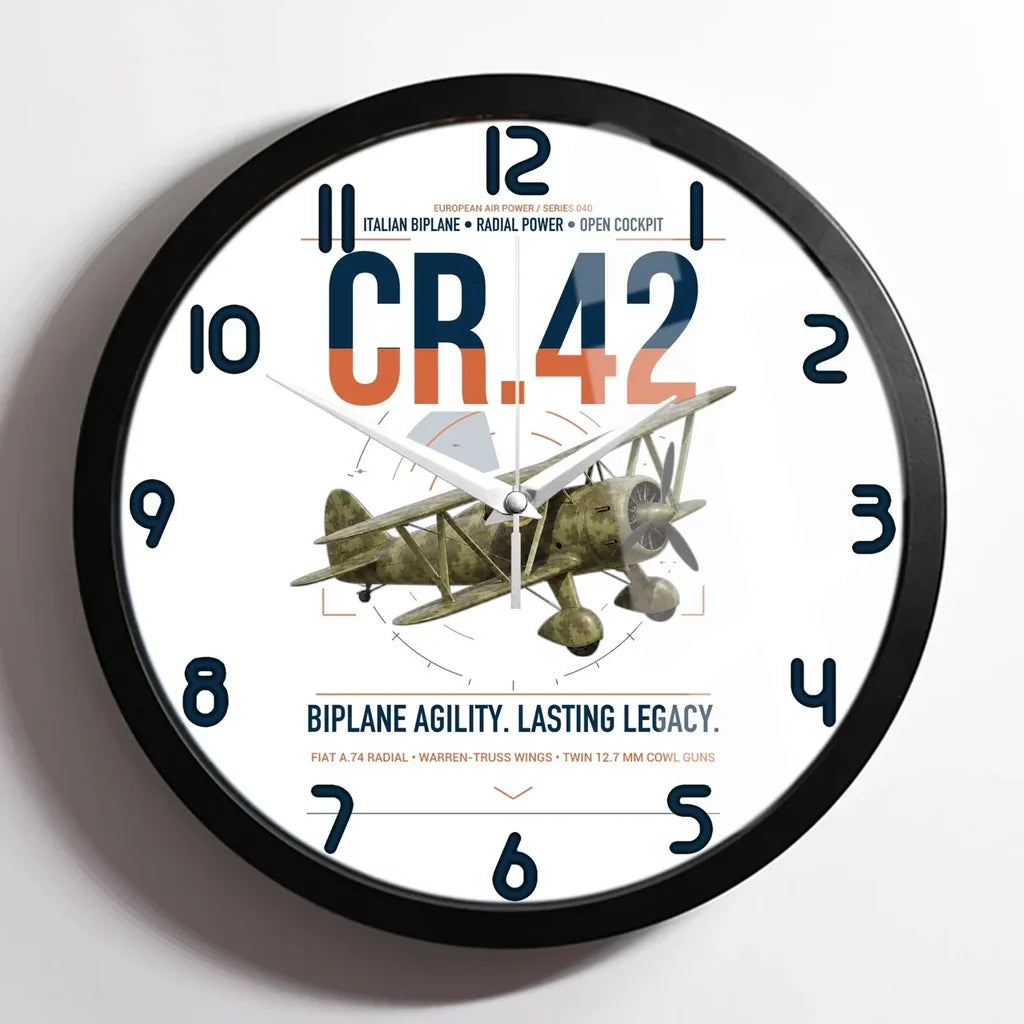 Fiat CR.42 Falco design on white framed wall clock