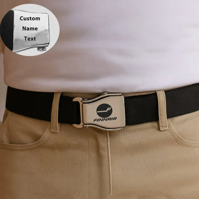 Finnair Airlines aviation seat-belt buckle accessory, real seat-belt webbing.