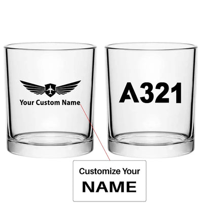 Airbus A321 Flat Text aviation design on whiskey glass, special-edition crystal cut.