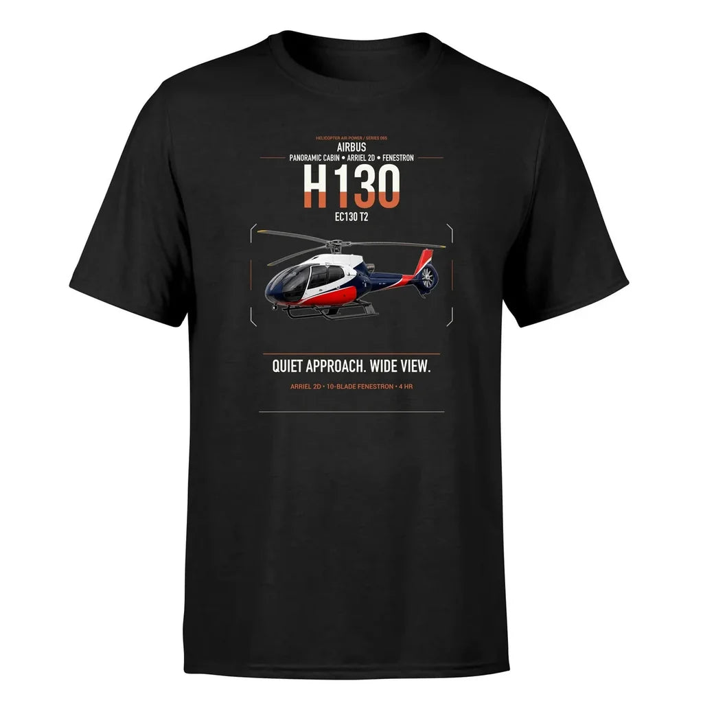 Airbus H130 design on black t-shirt, single-side print