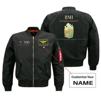 Thumbnail for Central Illinois Regional Airport (BMI) design on black bomber jacket with custom name patch