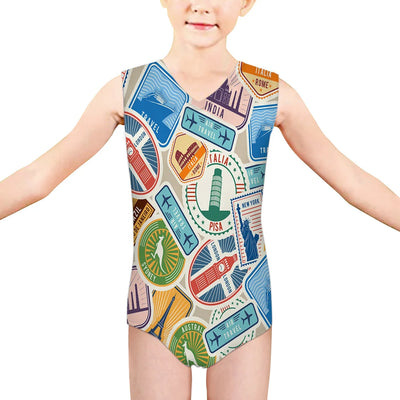 Travel aviation print on kids quick-dry fabric swimsuit.