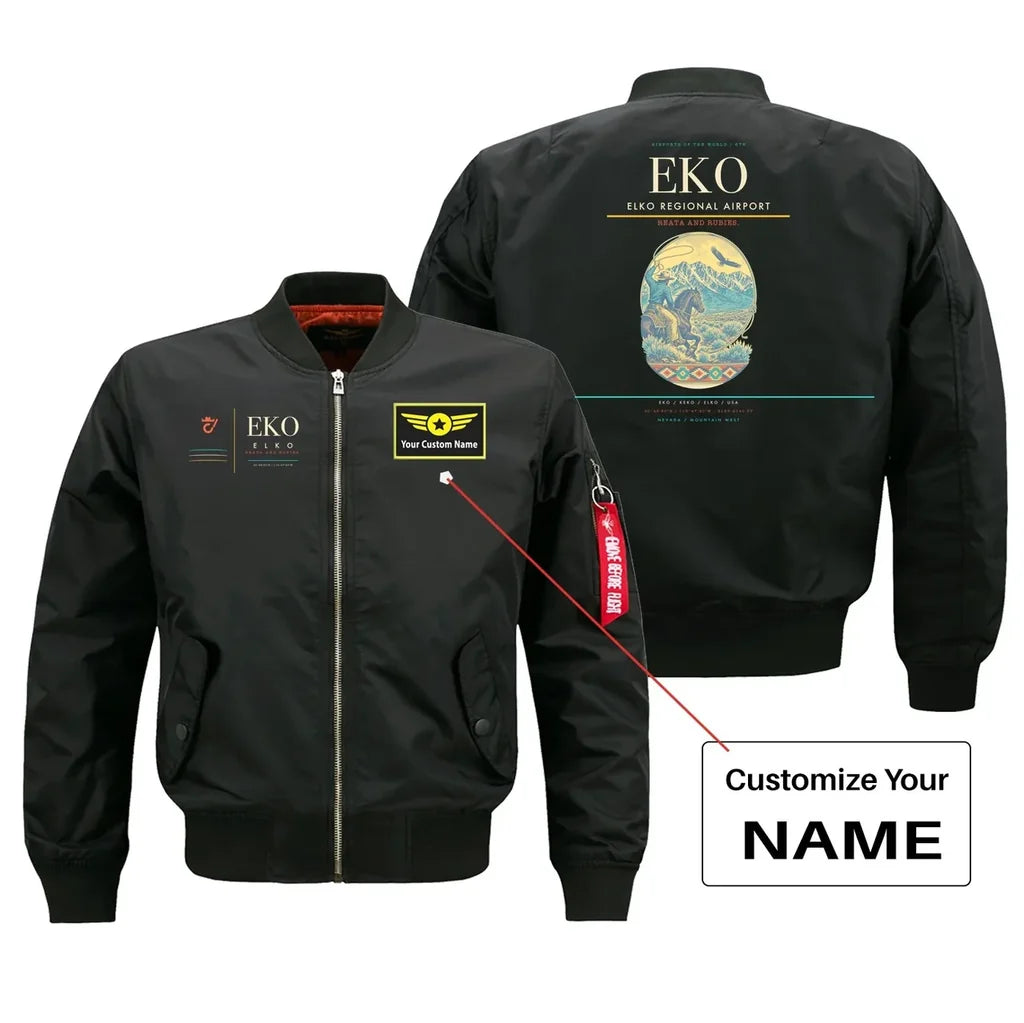 Elko Regional Airport (EKO) design on black bomber jacket with custom name patch