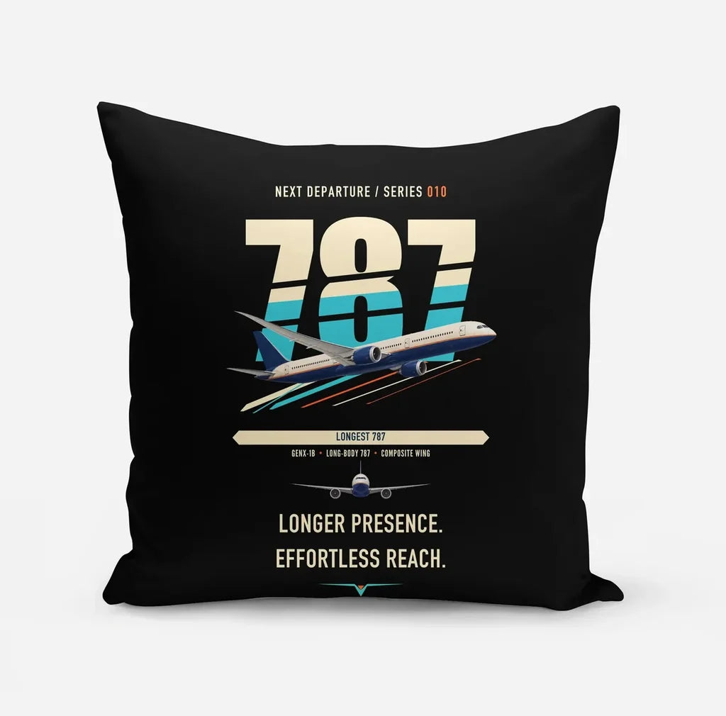 Boeing 787-10 Dreamliner design on black pillow