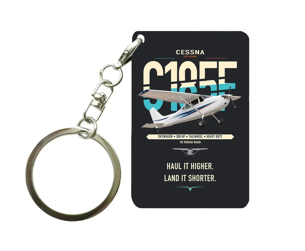 Cessna A185F Skywagon design on black designed key chain, double-side print