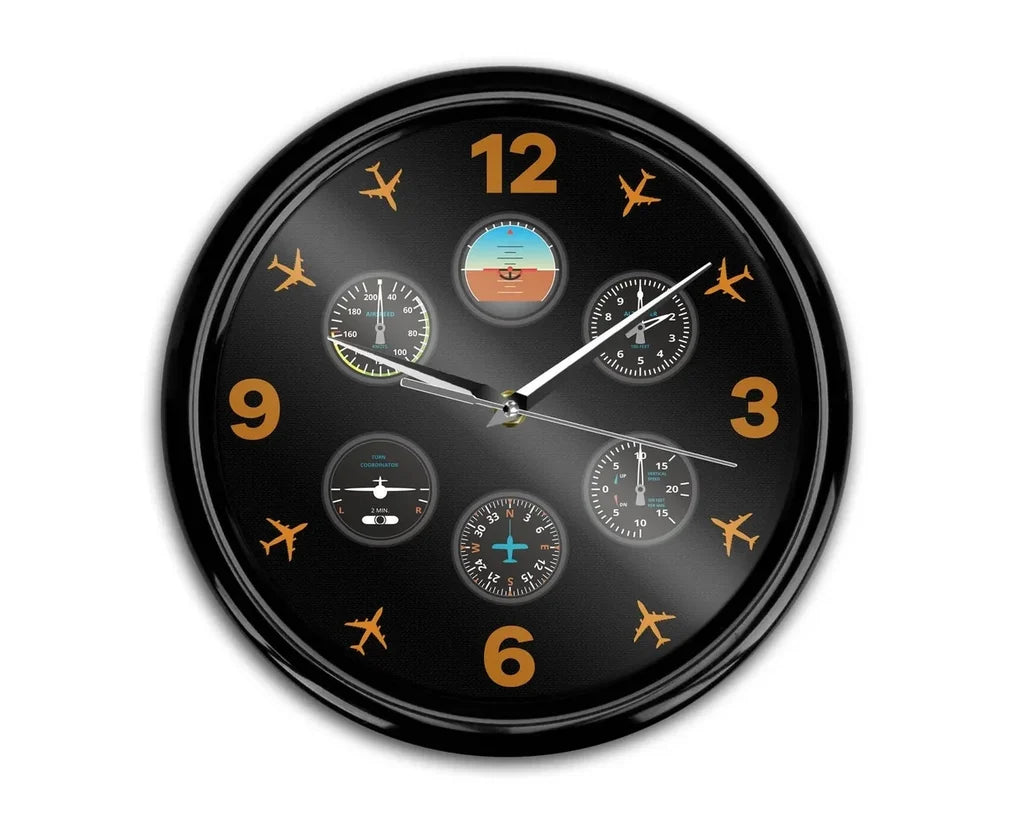 Pilot's Six Pack aviation themed wall clock, premium wood and metal.