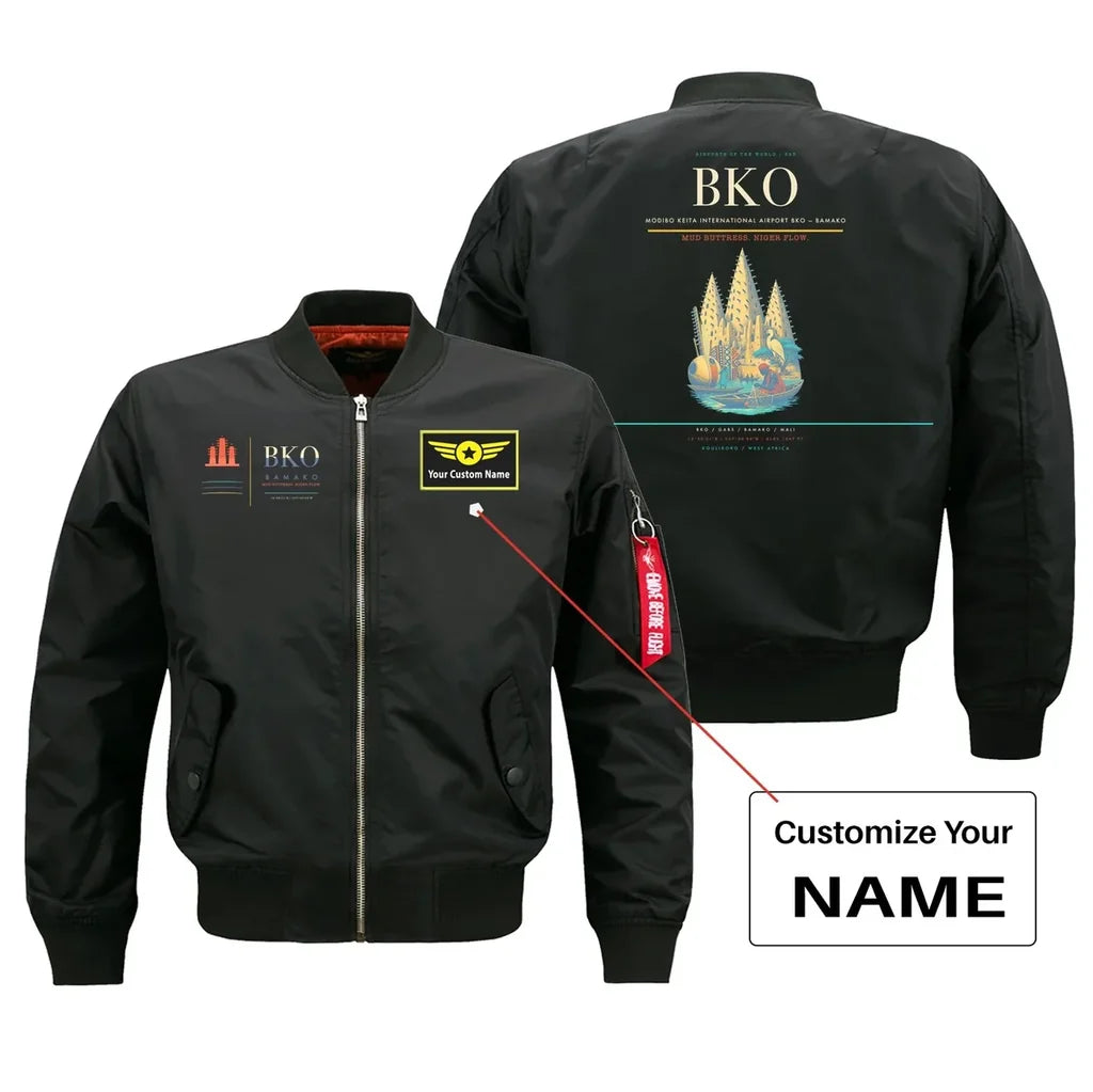 Modibo Keita International Airport (BKO) design on black bomber jacket with custom name patch