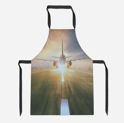 Airplane Flying Over Runway aviation design on durable cotton blend kitchen apron.