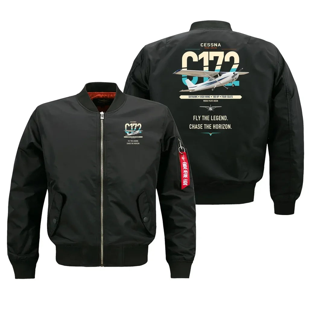Cessna 172 Skyhawk design on black bomber jacket, double-side print