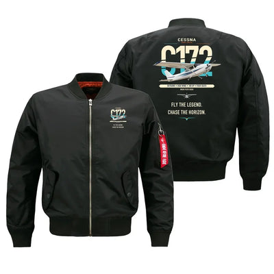 Cessna 172 Skyhawk design on black bomber jacket, double-side print