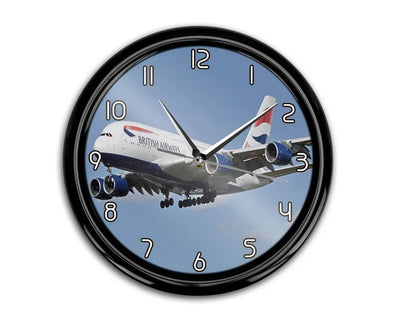Landing British Airways A380 aviation themed wall clock, premium wood and metal.