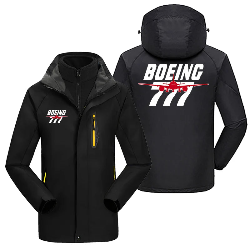 Amazing Boeing 777 aviation design printed on heavyweight insulated shell with snow cuffs thick ski jacket.