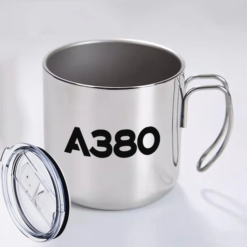 Airbus A380 Flat Text aviation design on portable mug, vacuum-insulated double-wall.
