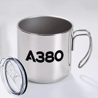 Airbus A380 Flat Text aviation design on portable mug, vacuum-insulated double-wall.