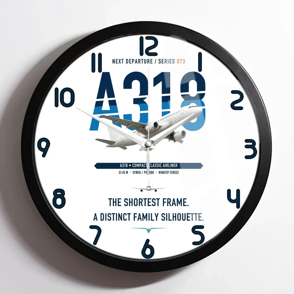 Airbus A318 design on white framed wall clock