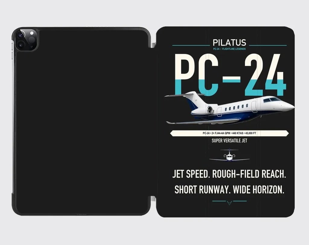 Pilatus PC-24 design on black ipad tablet case