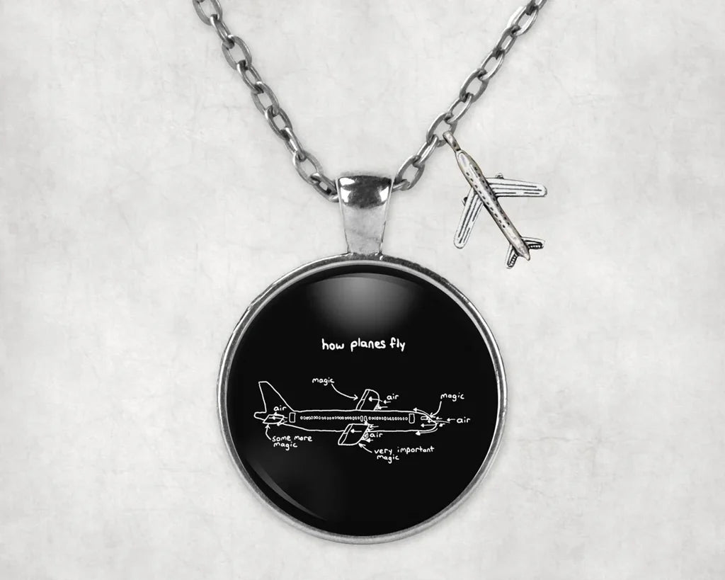 How Planes Fly aviation-themed necklace, polished stainless steel.