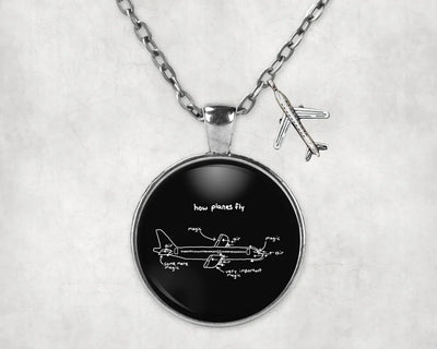 How Planes Fly aviation-themed necklace, polished stainless steel.