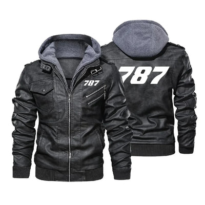 Boeing 787 Flat Text aviation design printed on genuine leather with detachable hood hooded leather jacket.
