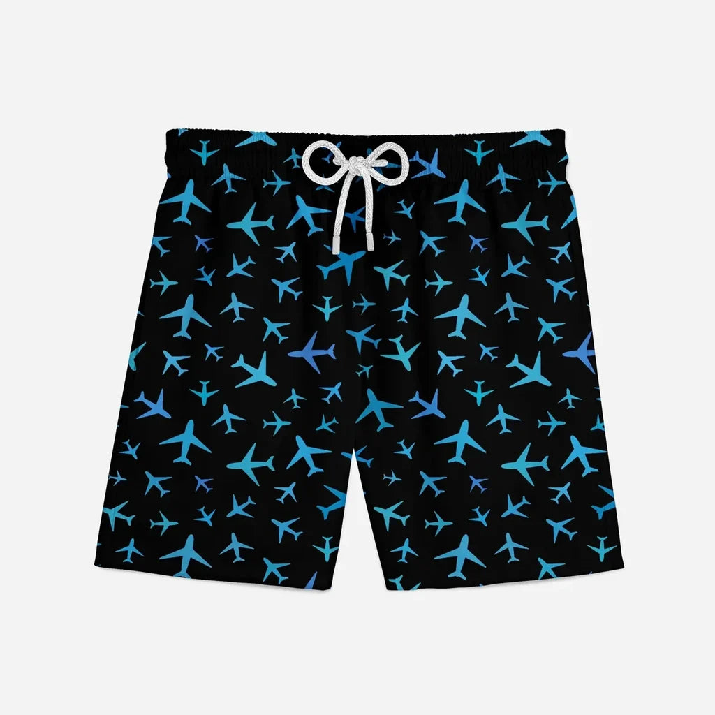 Many Airplanes (Black) aviation print swim trunks, quick-dry polyester.