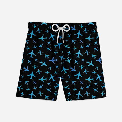 Many Airplanes (Black) aviation print swim trunks, quick-dry polyester.