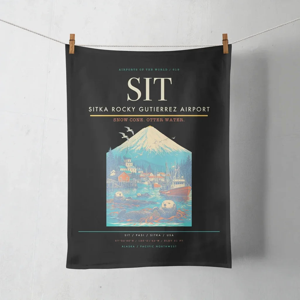 Sitka Rocky Gutierrez Airport (SIT) design on black towel