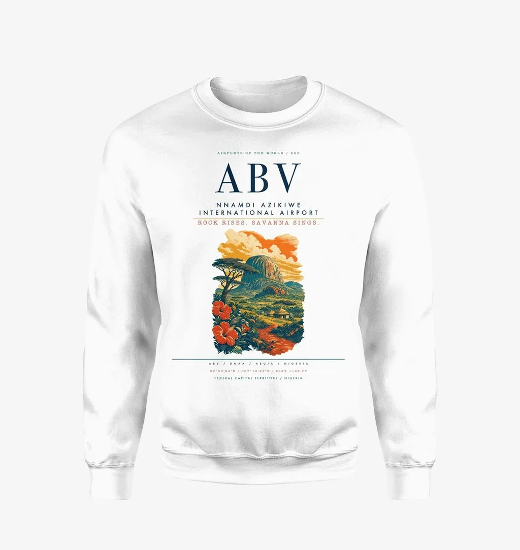 Nnamdi Azikiwe International Airport (ABV) design on white sweatshirt