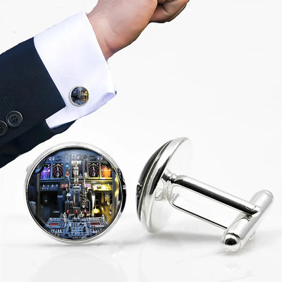 Side view of Boeing 737 Cockpit aviation cuff links in polished metal, polished finish.