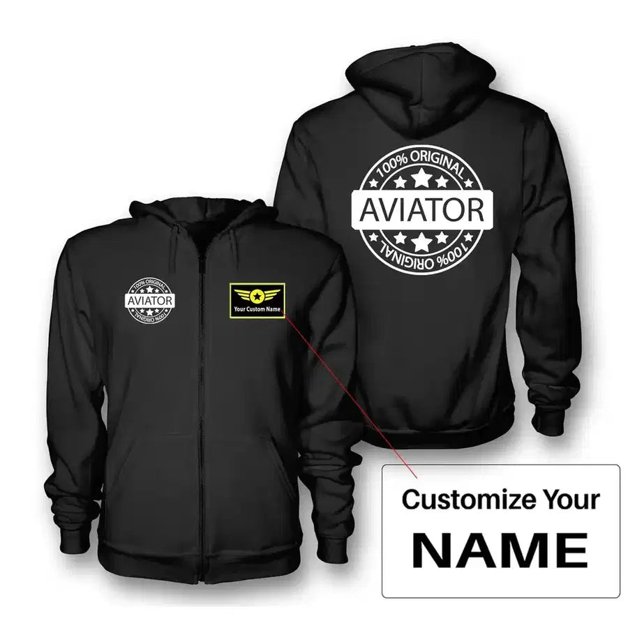 %100 Original Aviator Zipped Hoodie - Black + Name (Customizable)