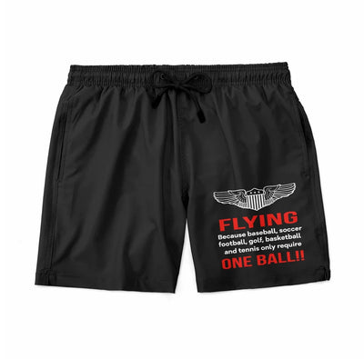 Flying One Ball aviation design on quick-dry polyester swim trunks.