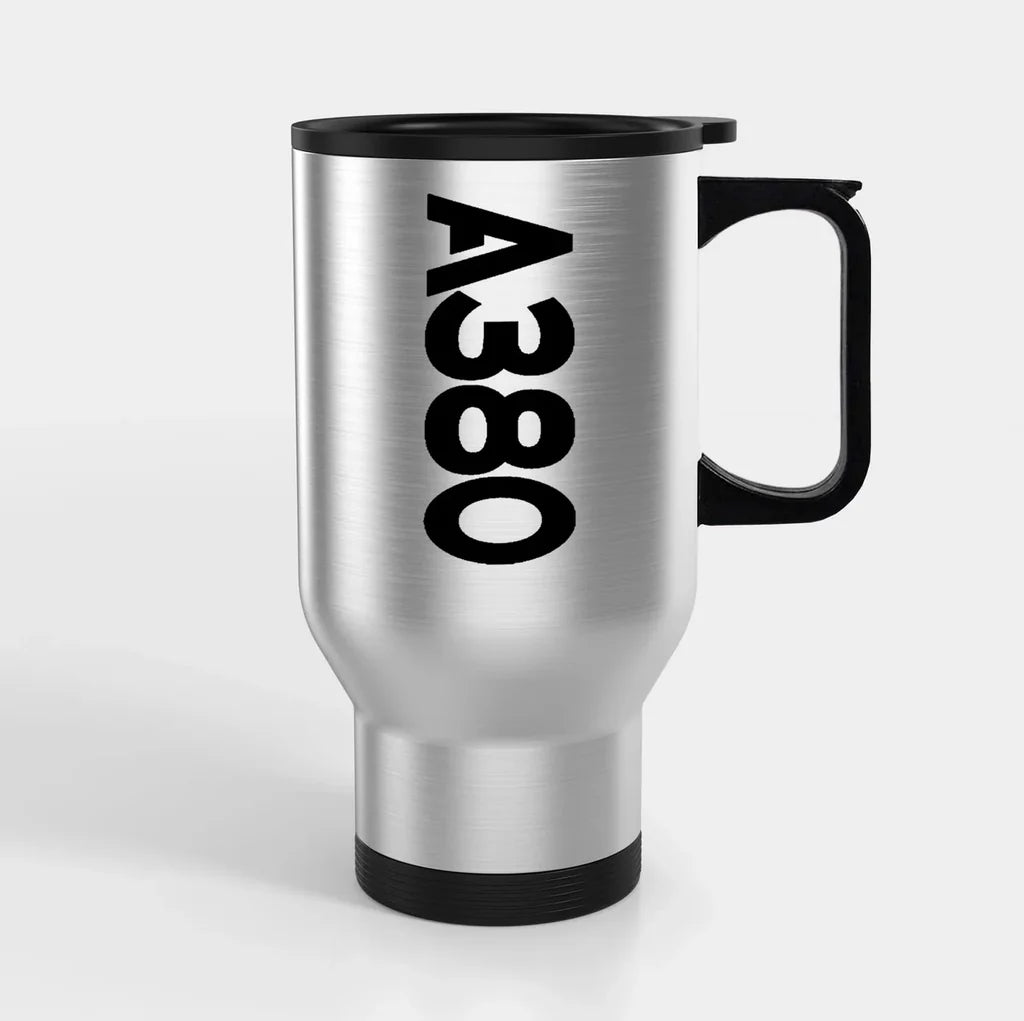 Airbus A380 Text Side Travel Mugs (With Holder) aviation design on travel mug with holder, insulated double-wall with car-cup.