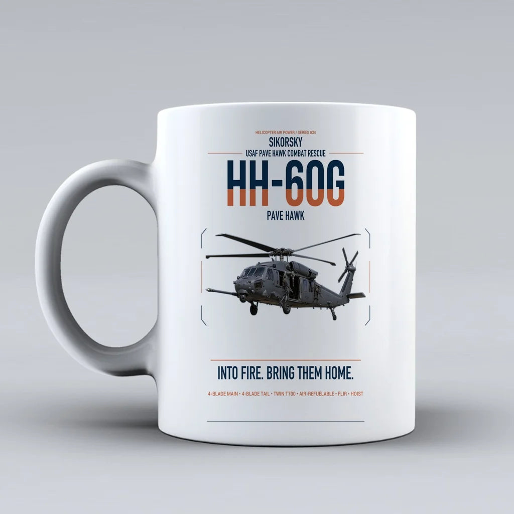 Sikorsky HH-60G Pave Hawk design on white ceramic mug, double-side print