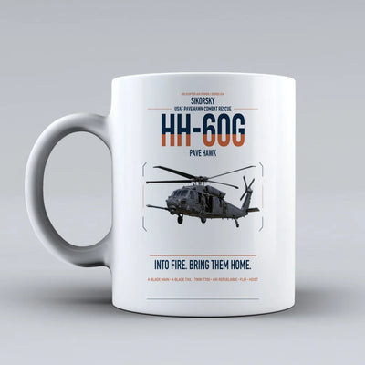 Sikorsky HH-60G Pave Hawk design on white ceramic mug, double-side print