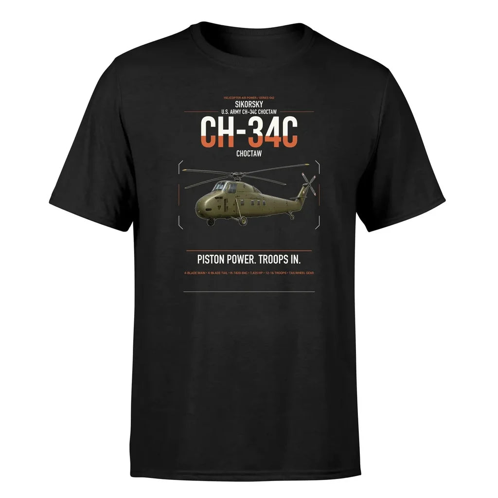 Sikorsky CH-34C Choctaw design on black t-shirt, single-side print