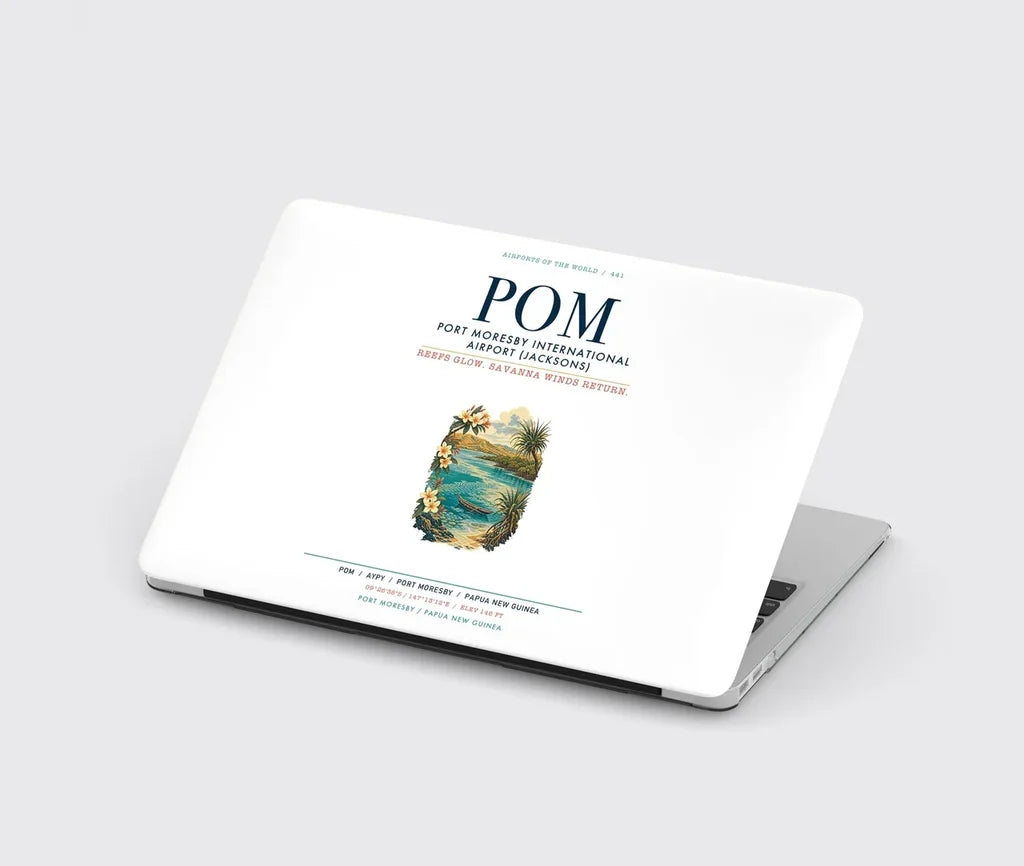 Port Moresby International Airport (POM) design on white MacBook case