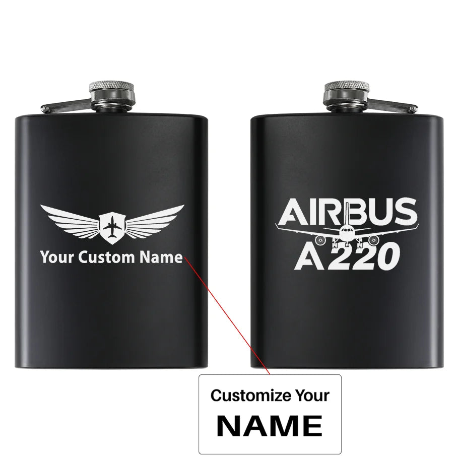 Amazing Airbus A220 aviation design on stainless hip flask, compact pocket-size flask.