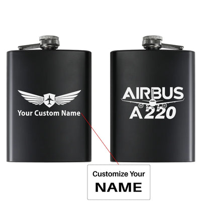Amazing Airbus A220 aviation design on stainless hip flask, compact pocket-size flask.