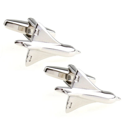 Side view of Airplane Shaped (3) aviation cuff links in polished metal, polished finish.