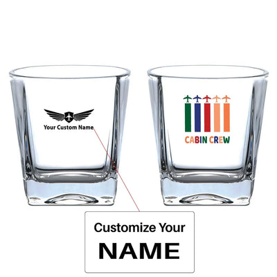 Colourful Cabin Crew aviation design on whiskey glass, crystal-clear premium glassware.