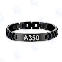 Thumbnail for Airbus A350 Flat Text aviation chain bracelet, stainless steel body with engraved detail.