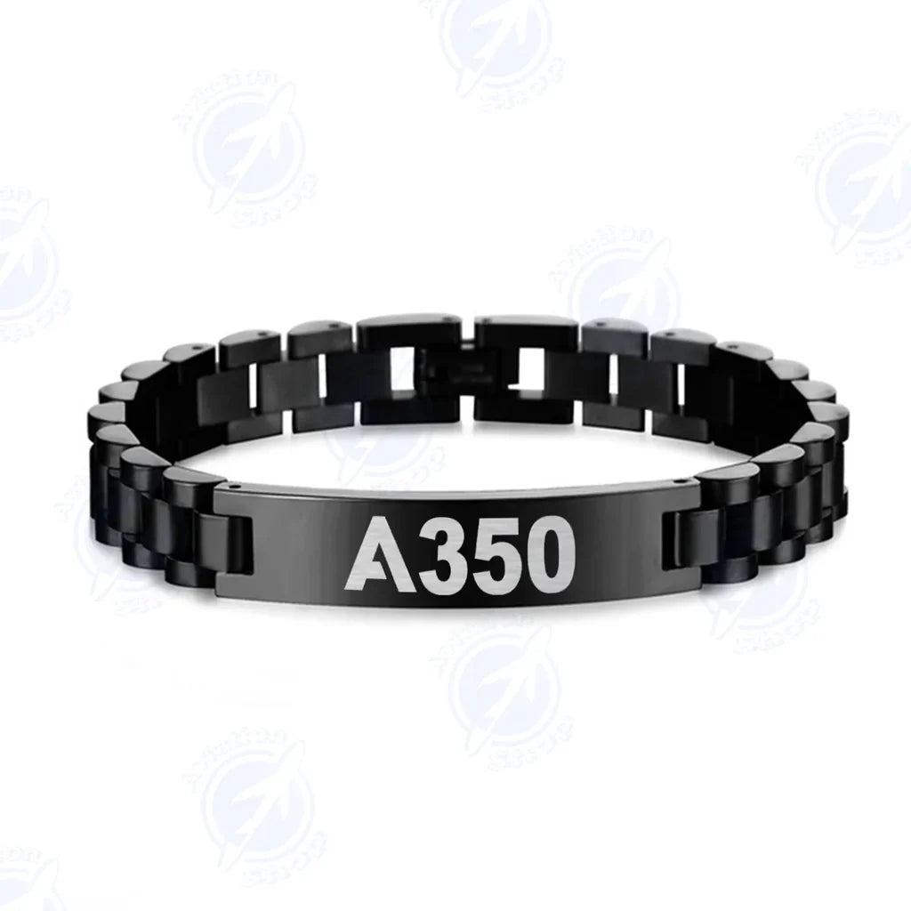 Airbus A350 Flat Text aviation chain bracelet, stainless steel body with engraved detail.
