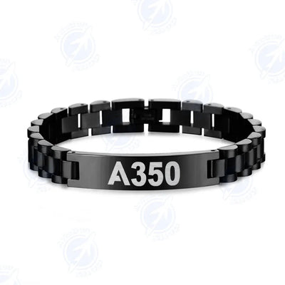 Airbus A350 Flat Text aviation chain bracelet, stainless steel body with engraved detail.