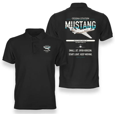 Cessna Citation Mustang design on black double-side polo t-shirt, double-side print