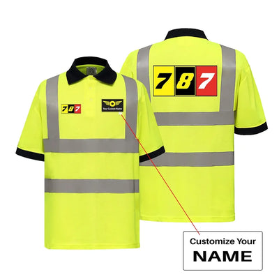 Flat Colourful 787 aviation design printed on soft cotton reflective polo shirt.
