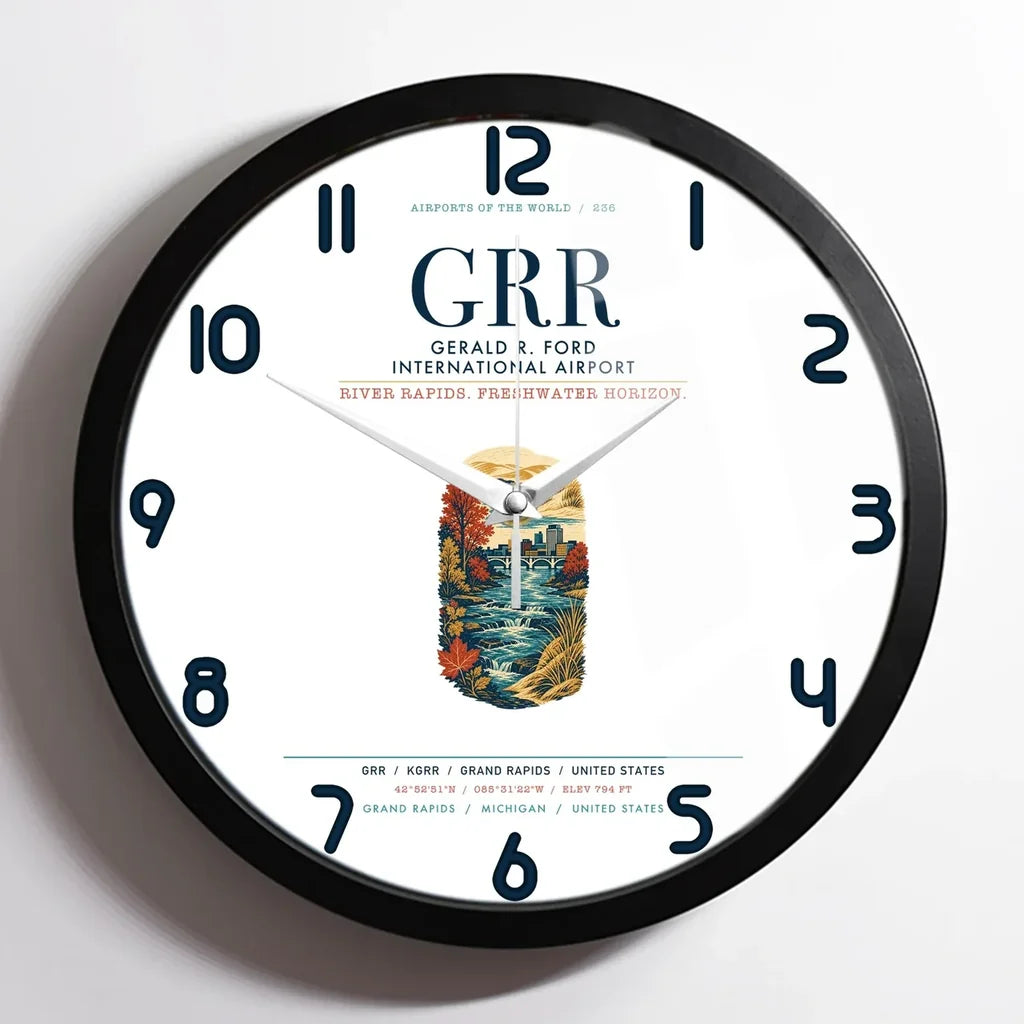 Gerald R. Ford International Airport Grand Rapids (GRR) design on white framed wall clock