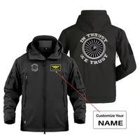 Thumbnail for In Thrust We Trust (Vol 2) Military Jackets (Customizable) aviation design printed on heavy cotton shell with field-style poc.