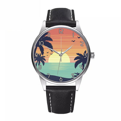 Tropical Summer Theme aviation watch with leather strap, leather strap body with engraved detail.